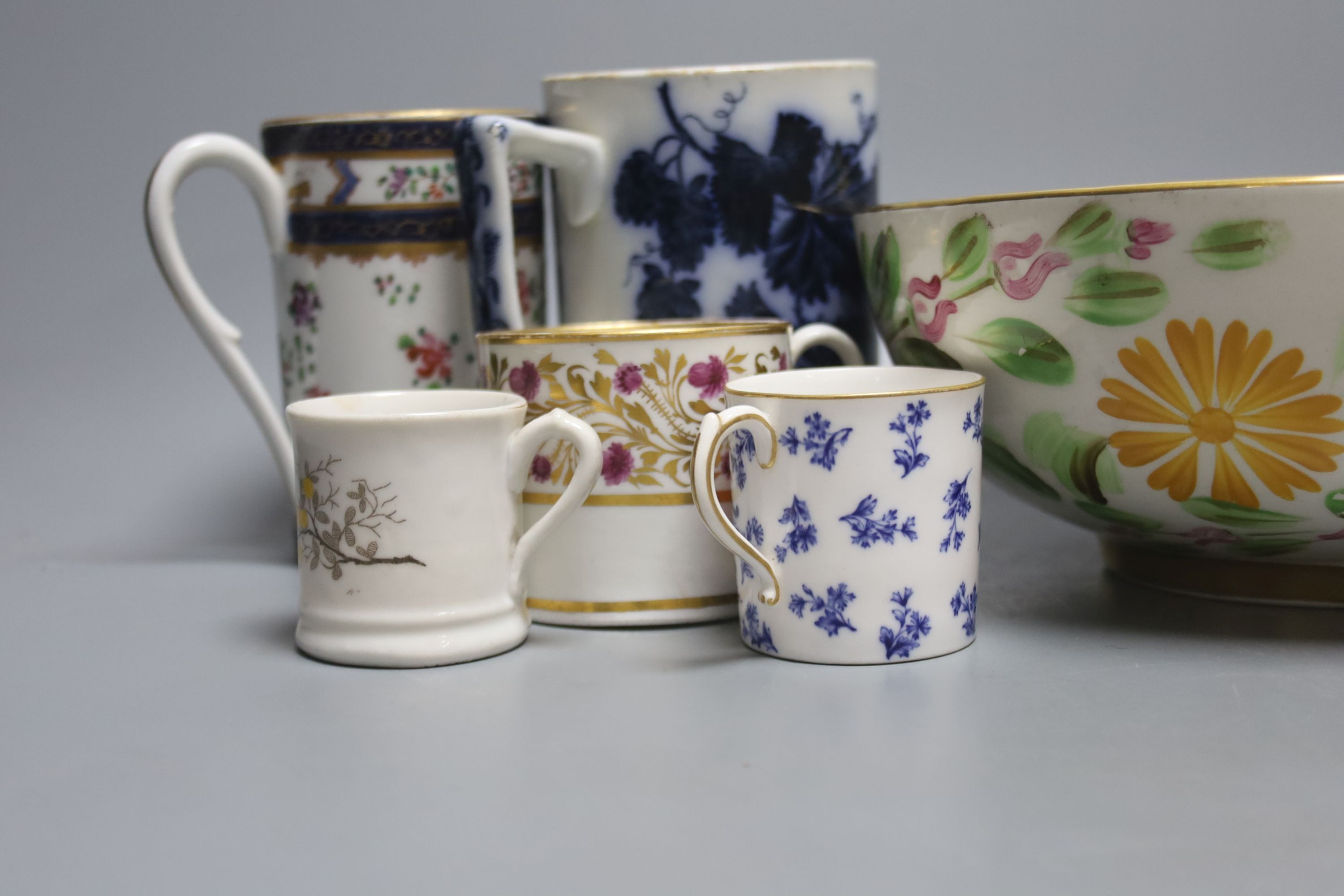 A group of ceramic mugs and cans, including a Samson of Paris armorial mug, 11.8cm and a Welsh gaudy style bowl